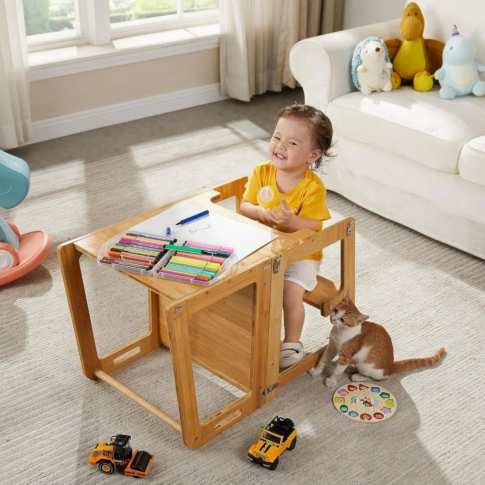 4-in-1 Standing Tower for Toddlers and Kids 1-6 Years, Bamboo Kitchen Learning Helper Stool with Chalkboard, Desk Table